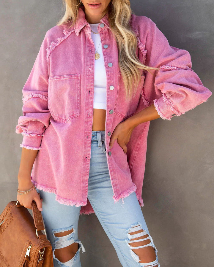 Damen Oversized Denim-Hemdjacke mit fransigem Detail Drune