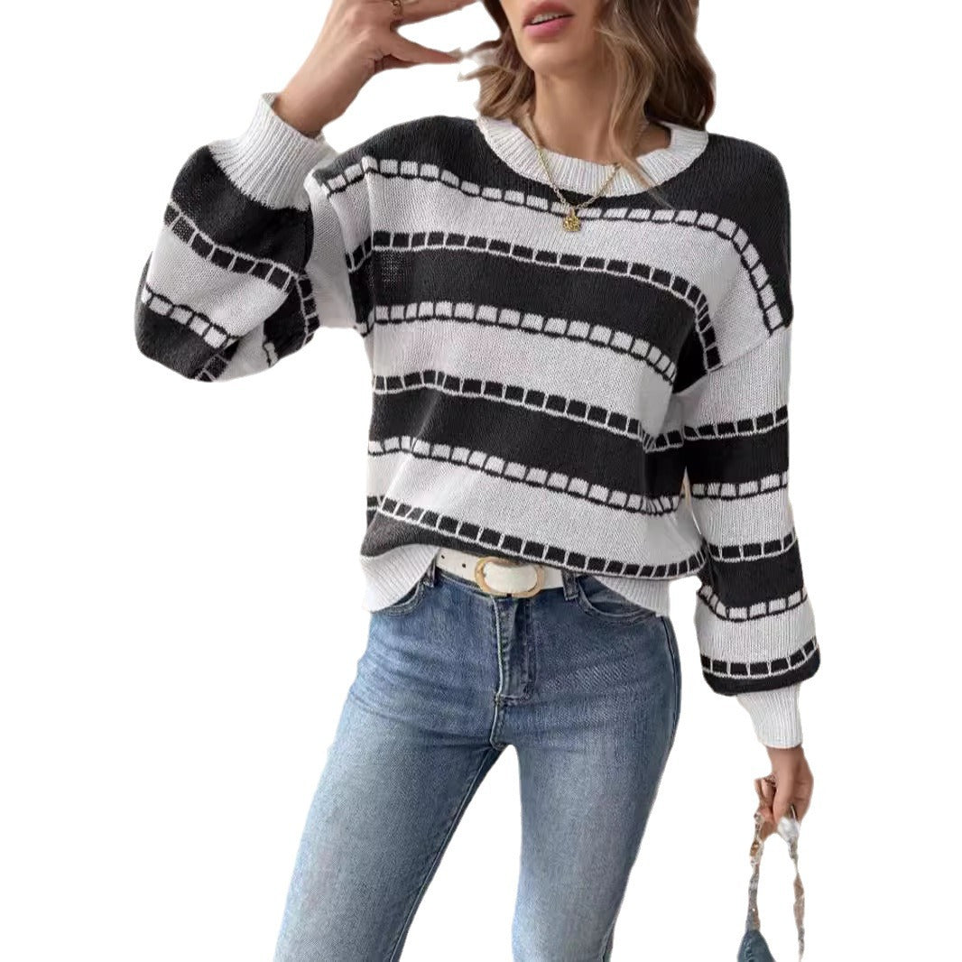 Damen modischer Grobstrickpullover mit breiten Streifen und lässigen Ärmeln Drune