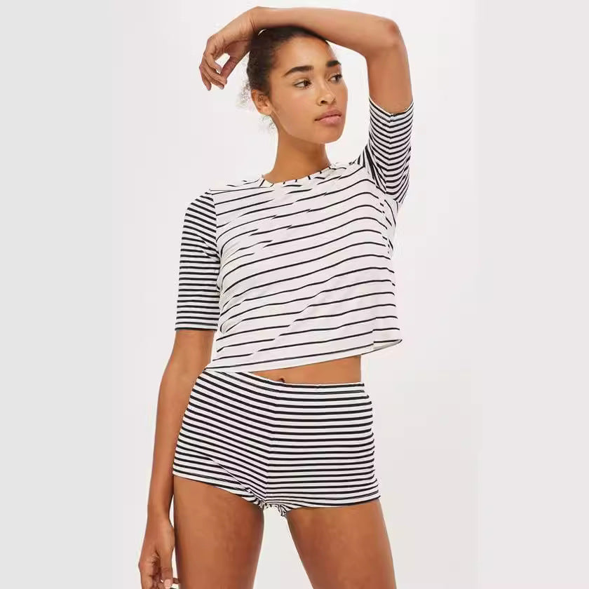 Damen lässiges gestreiftes Shorty-Set Drune