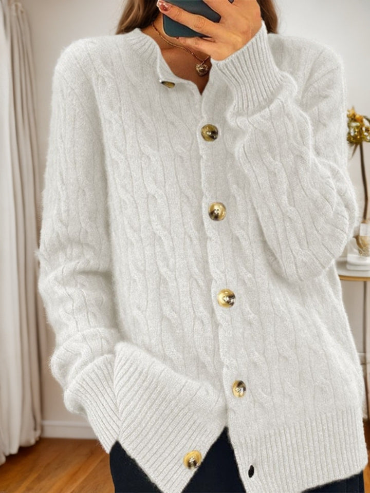 Damen Kaschmir Strickjacke mit Knopfverschluss und strukturiertem Zopfmuster Drune