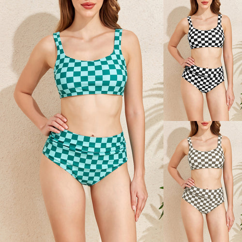 Damen Hochband-Bikini-Set mit kariertem Design Drune