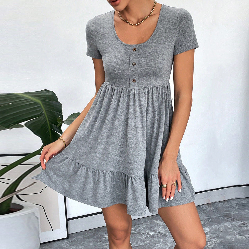 Damen lässiges Kurzarm-Kleid mit Knopfdetails und voluminösem Rüschensaum Drune