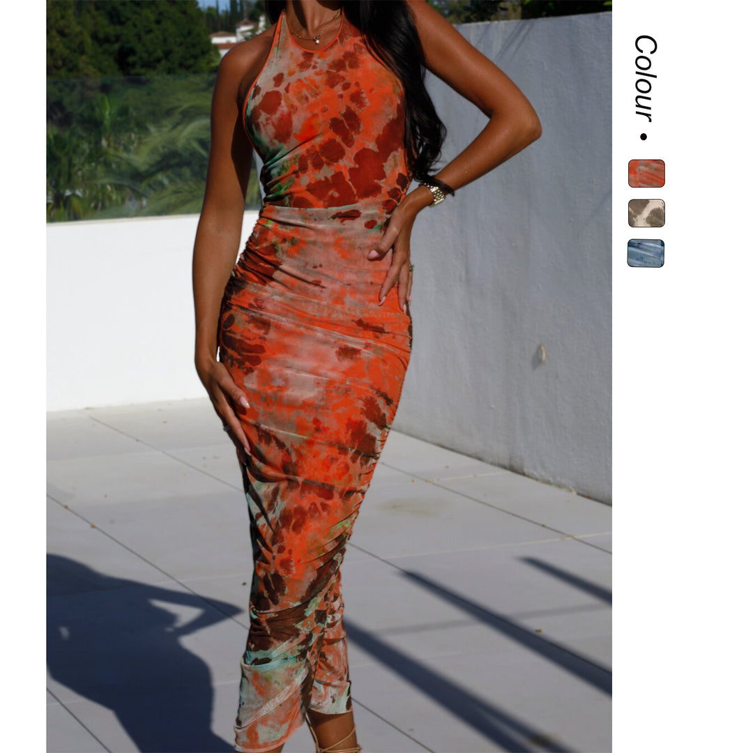 Damen figurbetontes Maxikleid mit elegantem Wickeldesign und modernem Tie-Dye-Muster Drune