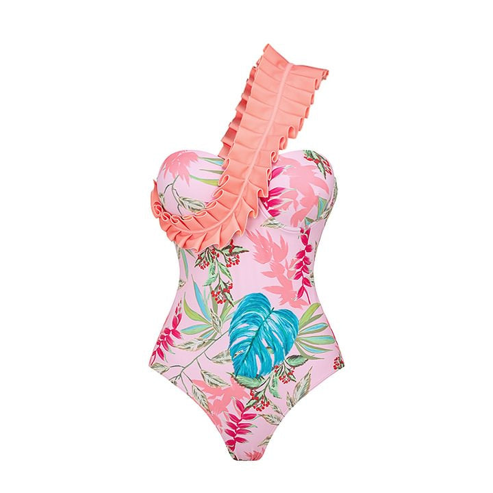 Damen Einteiler Badeanzug mit stilvollem Rüschendesign und floralem Muster Drune