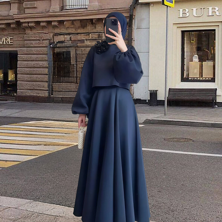 Damen Elegantes Maxi-Kleid mit Puffärmeln und dekorativem Blumen-Detail Drune