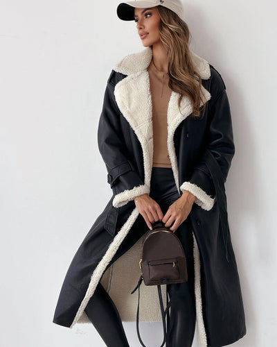 Drune | Damen Langmantel – Oversized Fit – Leder-Look – Plüschgefüttert – Gürtelverschluss