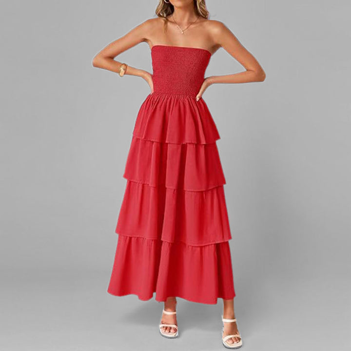 Damen Langes Rüschenkleid mit schulterfreiem Design und elastischem Oberteil Drune