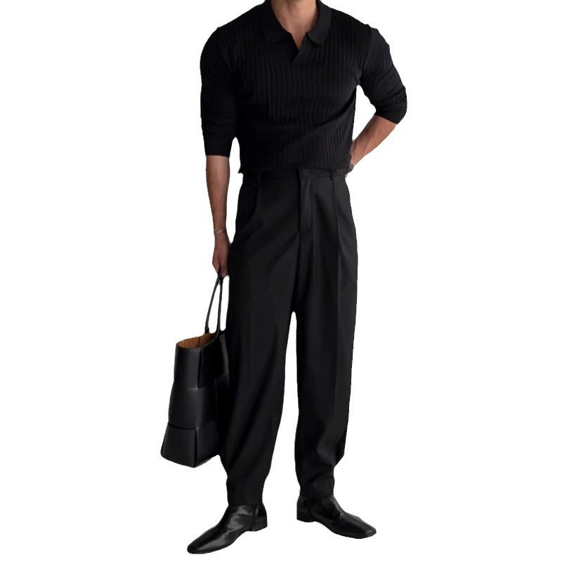 Herren nan figurbetontes Rippstrick-Polopullover mit offenem V-Ausschnitt und schmaler Passform Drune