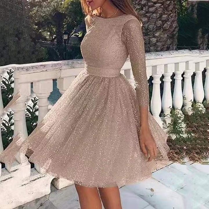 Damen Glitzerndes Tüllkleid mit Elegantem Schnitt und langen Ärmeln Drune