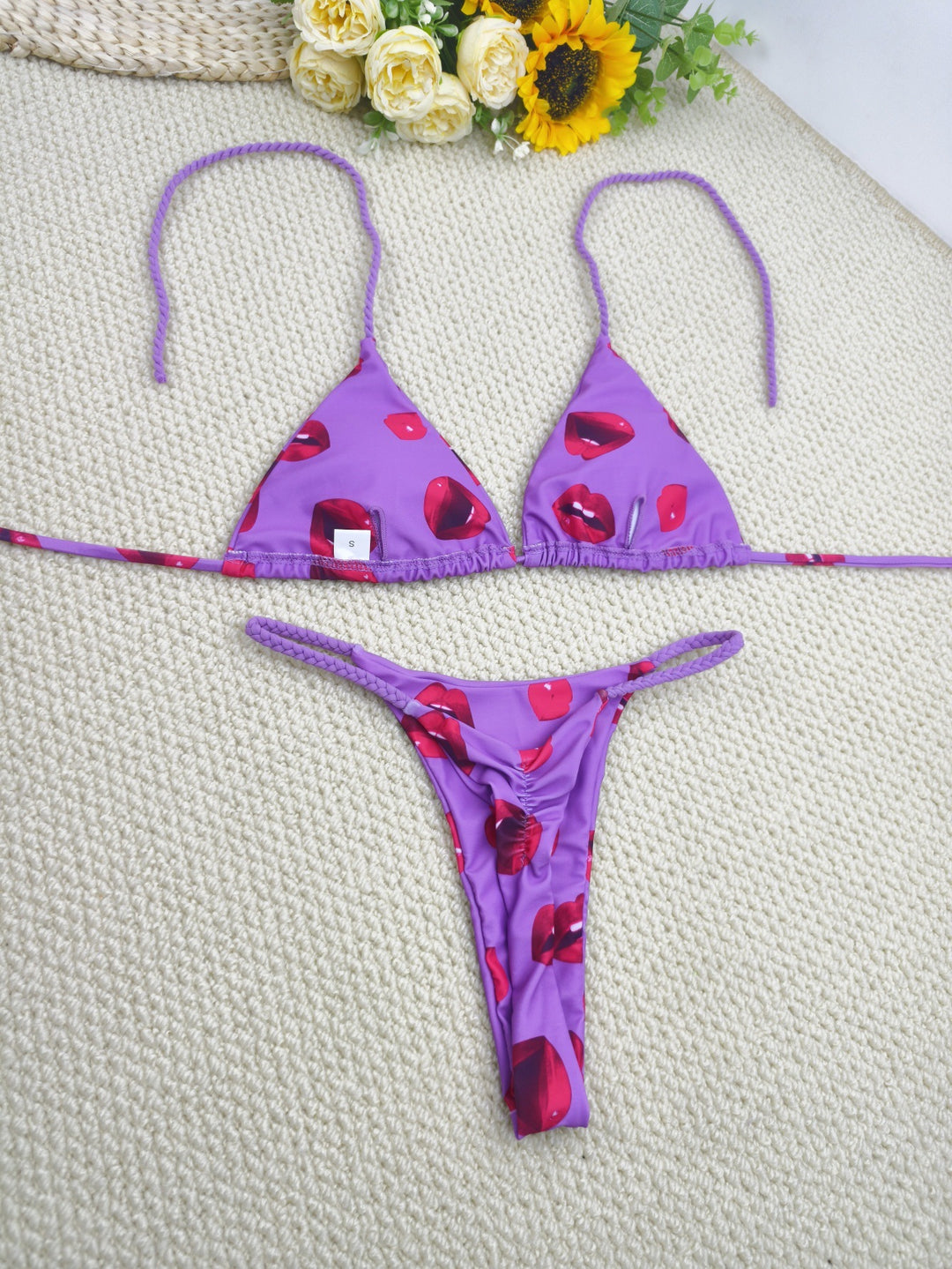 Damen Triangel-Bikini-Set mit fröhlichem Kirschmuster und verstellbaren Trägern Drune