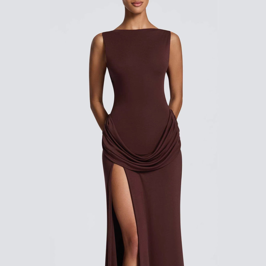 Damen Elegantes Maxikleid mit raffinierter Drapierung und hoch schlitzendem Design Drune