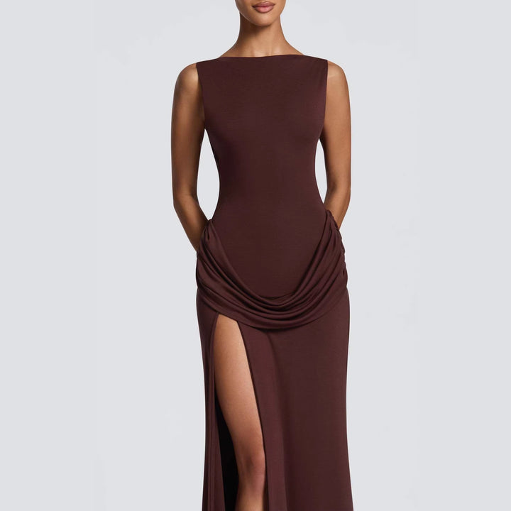 Damen Elegantes Maxikleid mit raffinierter Drapierung und hoch schlitzendem Design Drune