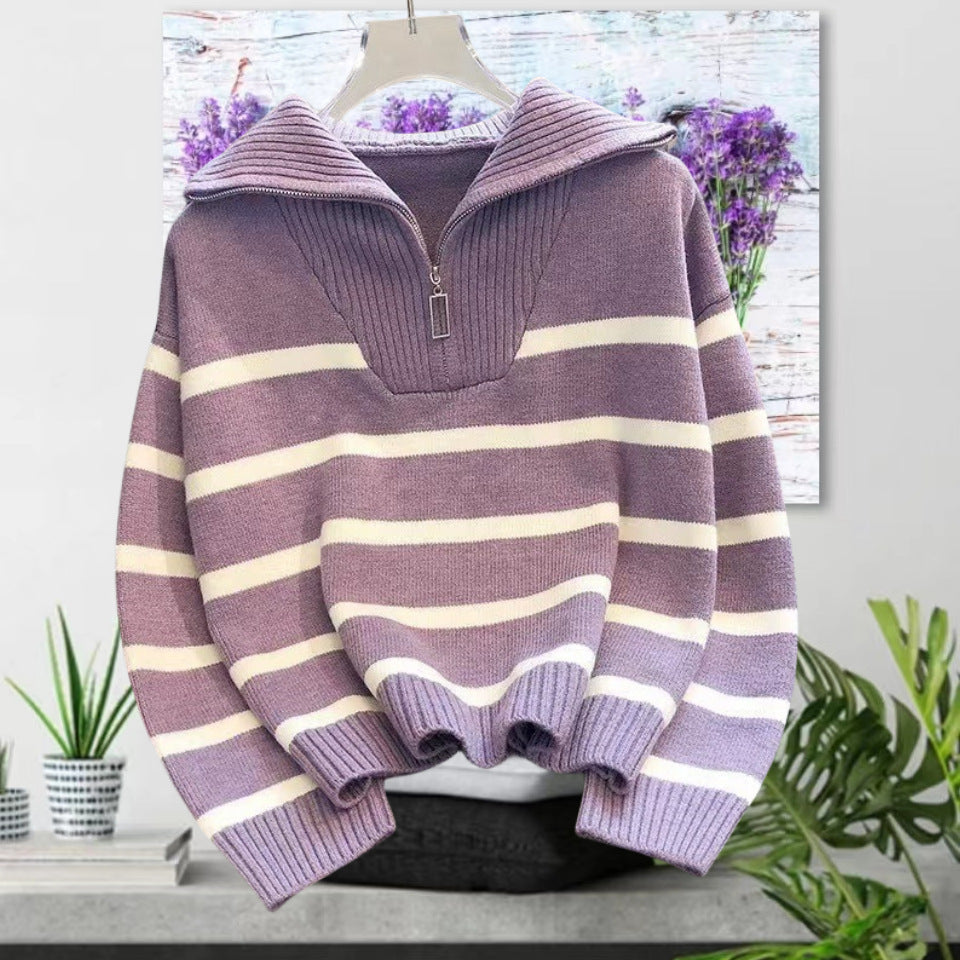 Damen gestreifter Pullover mit hohem Kragen und Reißverschluss Drune