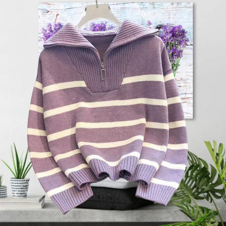 Damen gestreifter Pullover mit hohem Kragen und Reißverschluss Drune