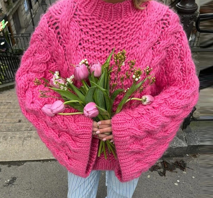 Damen oversize Strickpullover mit Zopfstrickmuster Drune