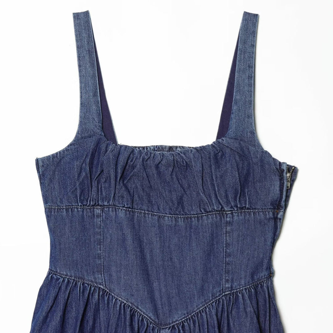 Damen Denim Maxikleid mit schwingendem Rock und verstellbaren Trägern Drune