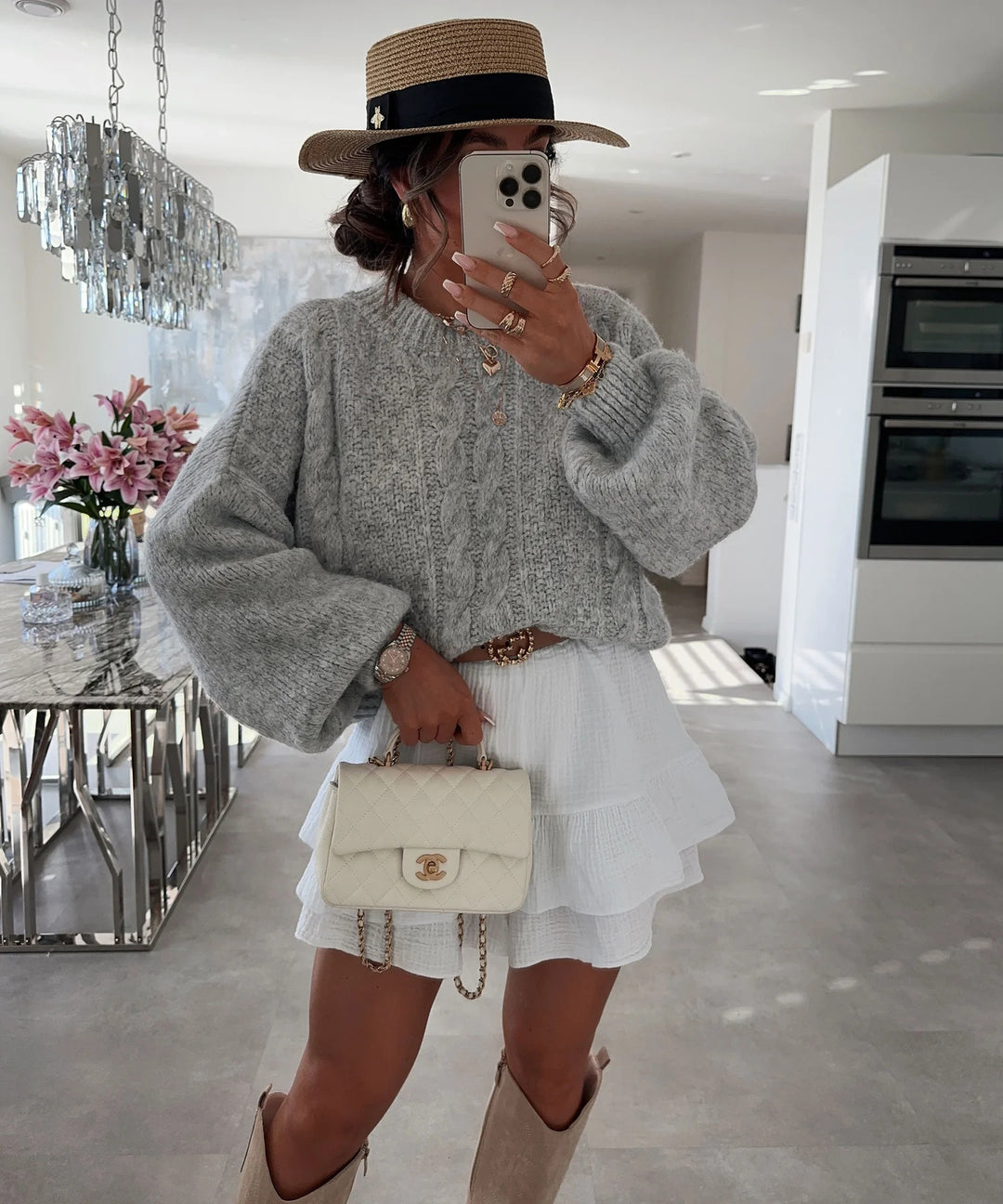Damen Grobstrickpullover mit voluminösen Ärmeln und Zopfmuster Drune