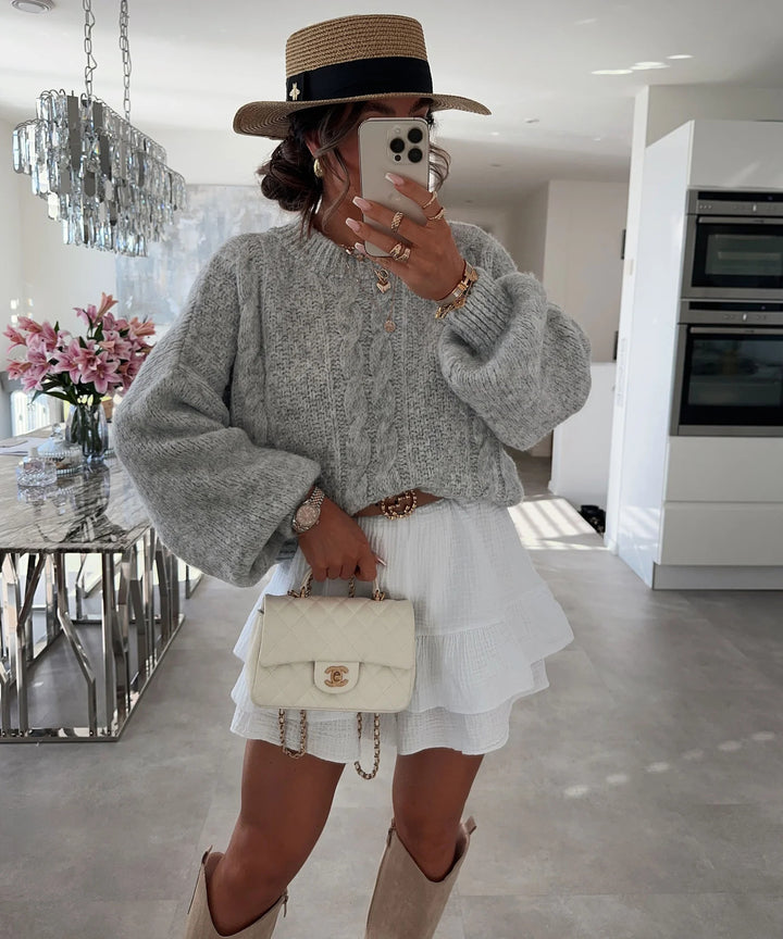 Damen Grobstrickpullover mit voluminösen Ärmeln und Zopfmuster Drune
