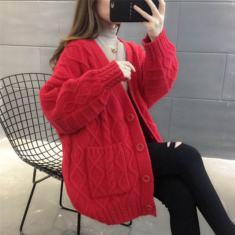 Damen Wabenstrick Oversized Cardigan mit Taschen und Knopfdetail Drune