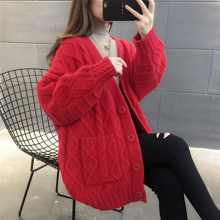 Damen Wabenstrick Oversized Cardigan mit Taschen und Knopfdetail Drune