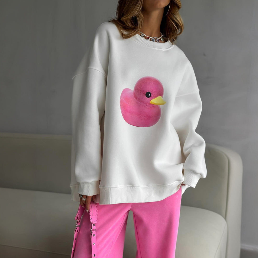 Damen Oversized Sweatshirt mit buntem Entenmotiv Drune