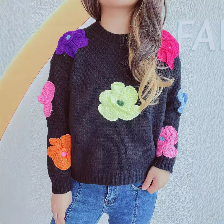 Damen lässiger Pullover mit bunten Blumenapplikationen Drune