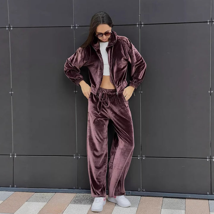 Damen Velours Sportanzug mit hoher Taille und cropped Jacke Drune