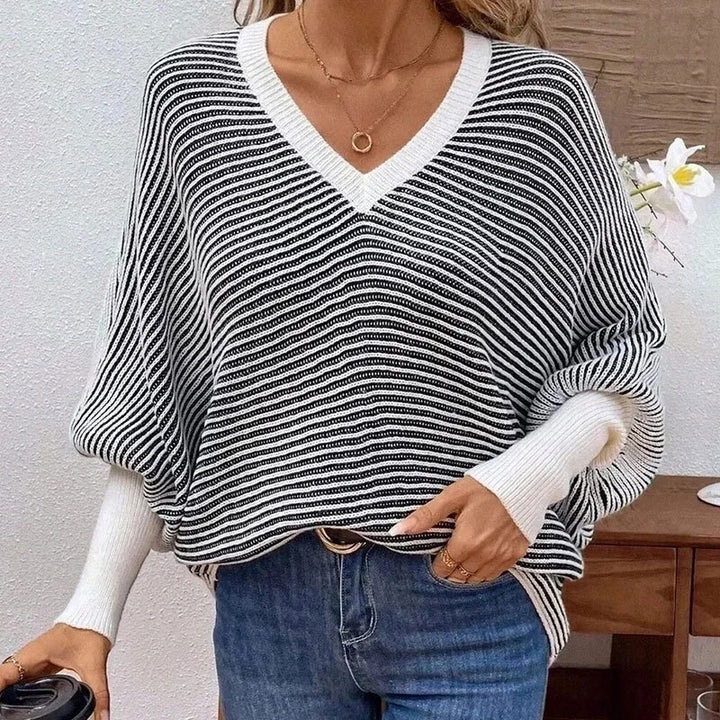 Damen Strickpullover im modernen Streifenlook mit V-Ausschnitt Drune