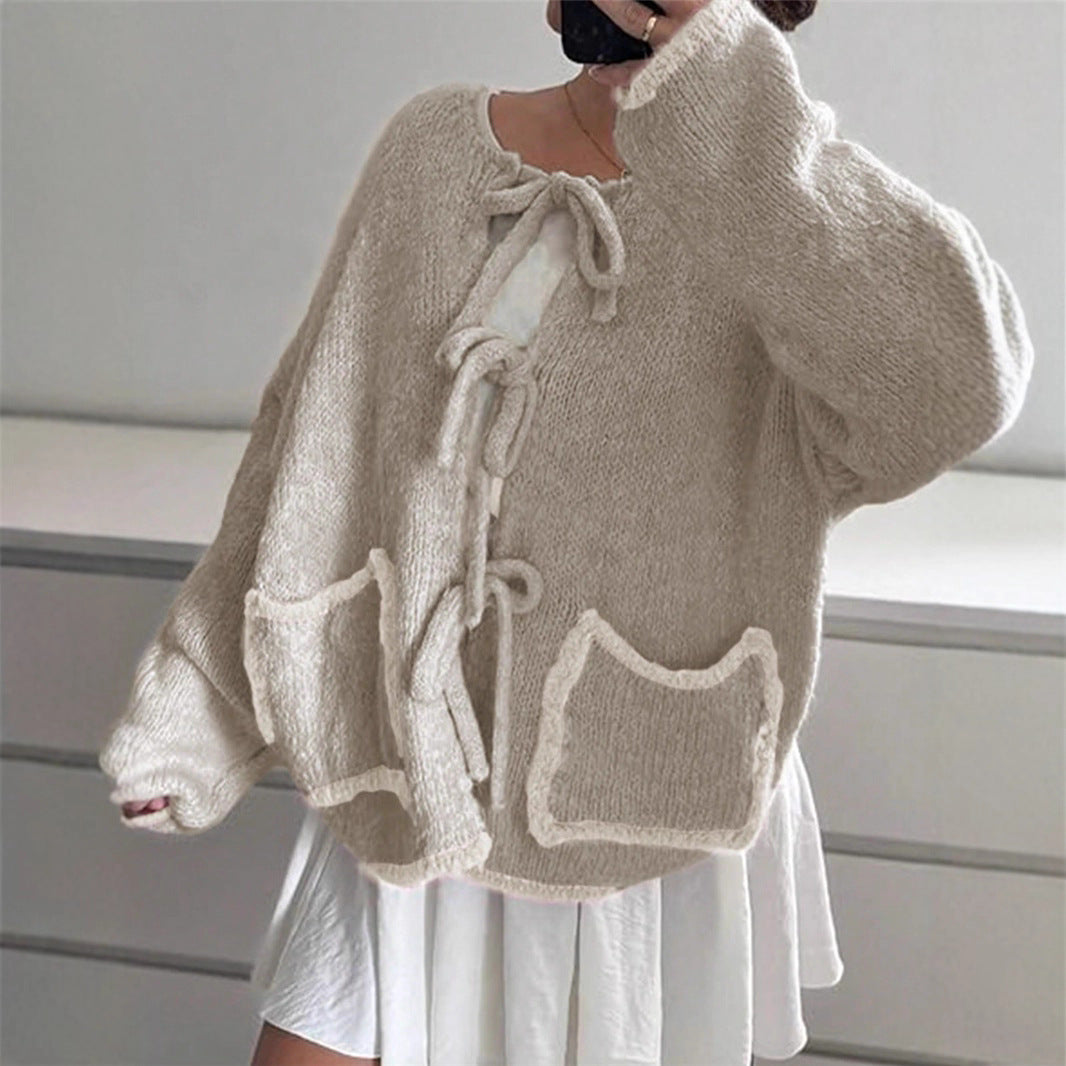 Damen lässige Strickjacke mit einzigartigem Bindungsdetail und großen Taschen Drune
