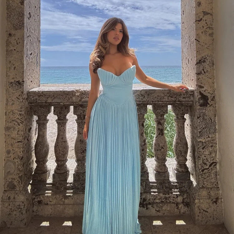 Damen Maxikleid mit elegantem Plissee und herzförmigem Oberteil Drune
