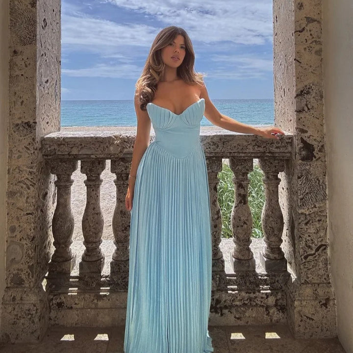Damen Maxikleid mit elegantem Plissee und herzförmigem Oberteil Drune