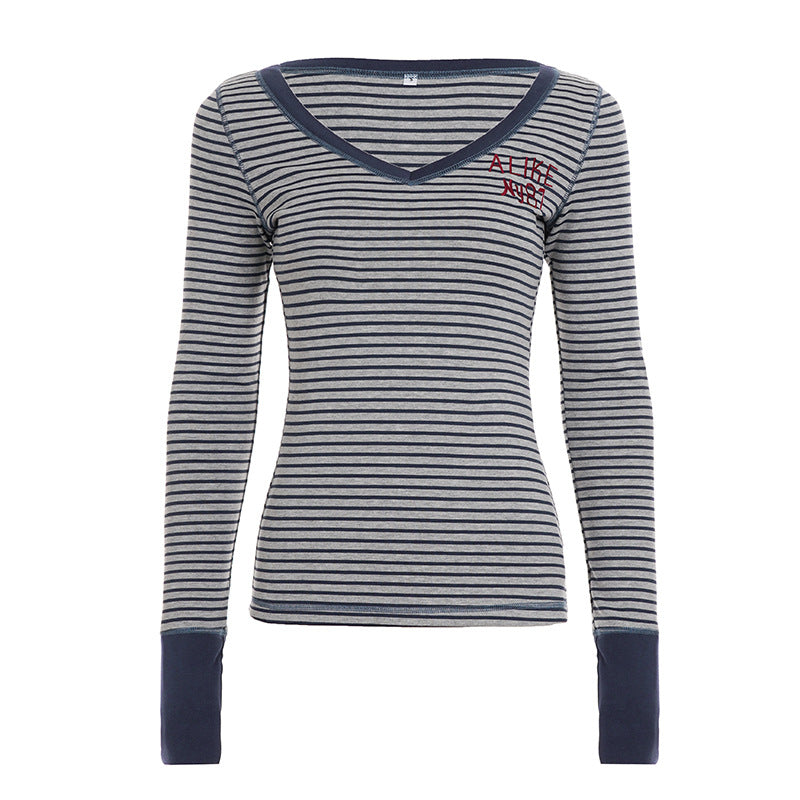 Damen nan gestreiftes V‑Ausschnitt Longsleeve mit taillierter Silhouette und verlängerten Bündchen Drune