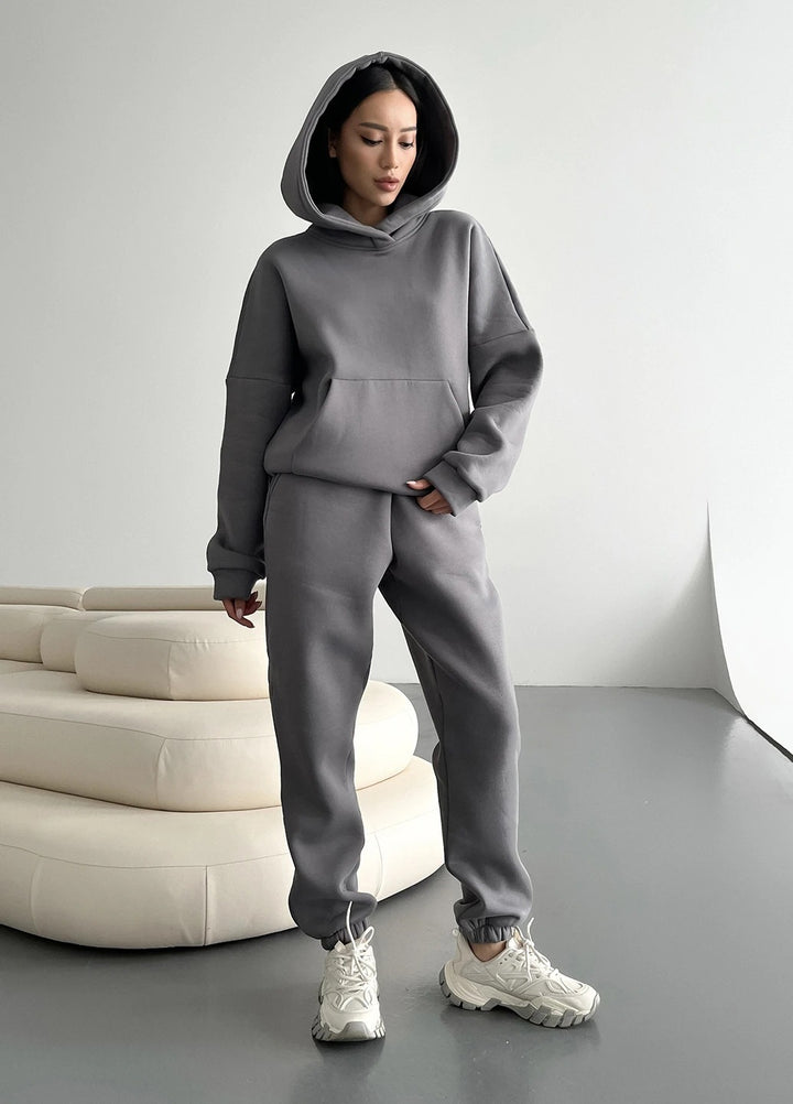 Damen nan zweiteiliges Komfort-Loungewear-Set mit oversized Kapuzenpullover, Kängurutasche und elastischem Knöchel-Jogger aus French Terry Drune