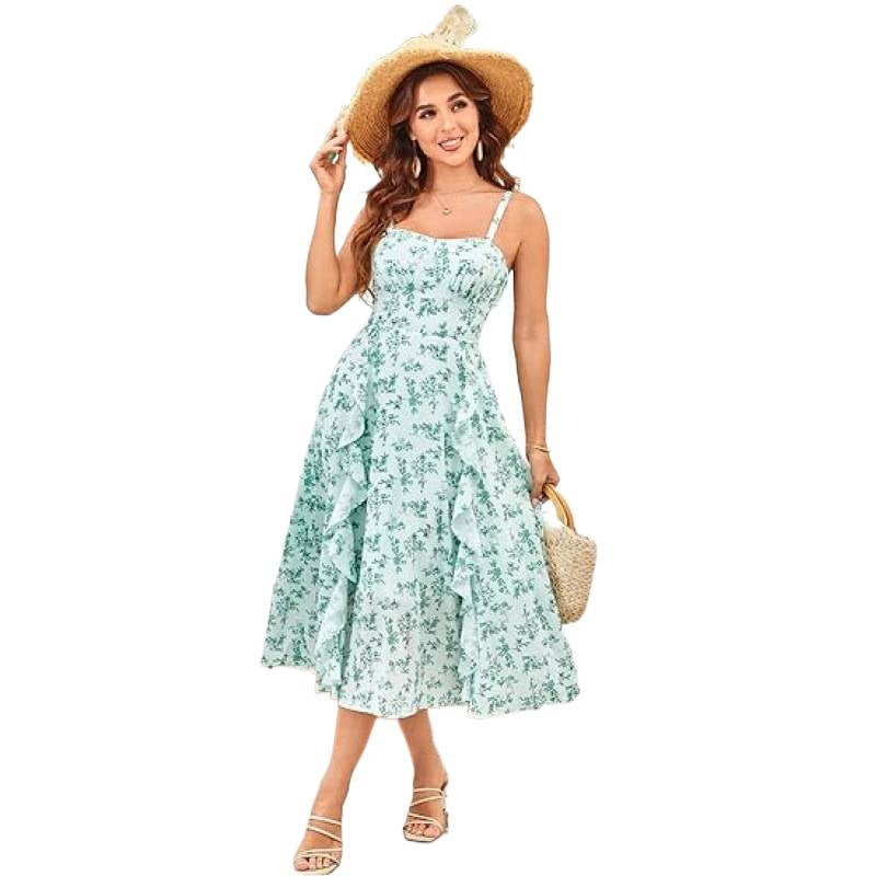 Damen Freizeitmaxikleid mit zarten Rüschendetails und floralem Design Drune