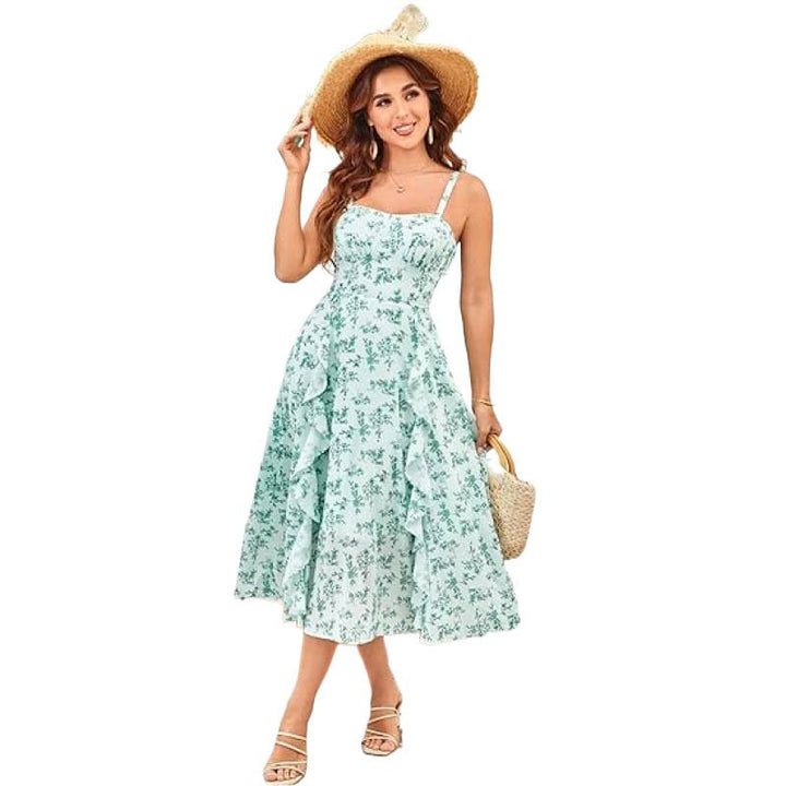 Damen Freizeitmaxikleid mit zarten Rüschendetails und floralem Design Drune