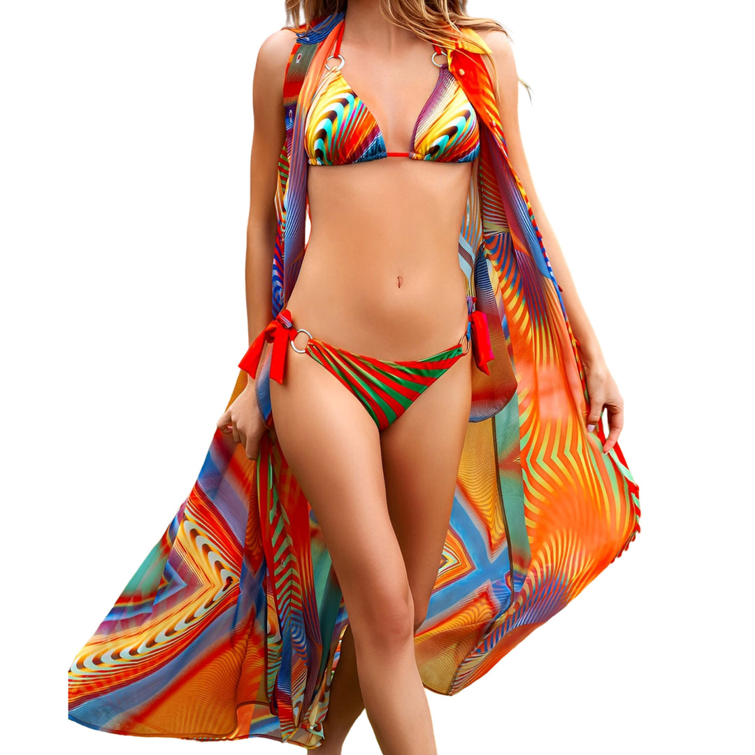 Damen Triangel-Bikini mit stylischen Schleifen und buntem Streifenmuster Drune