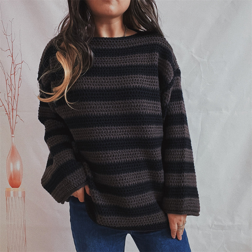 Damen lässiger gehäkelter Pullover mit modernen Blockstreifen Drune