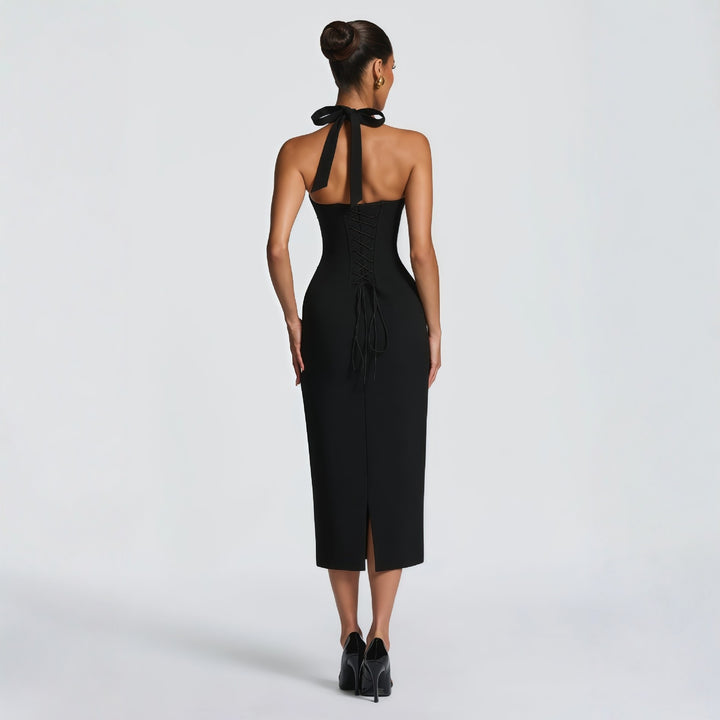 Damen Schickes körperbetontes Midikleid mit Halterneck und V-Ausschnitt Drune
