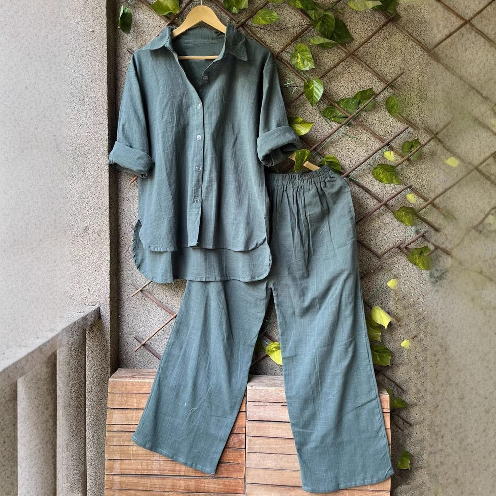 Damen lässiges Leinen-Hemd und Hose Set Drune