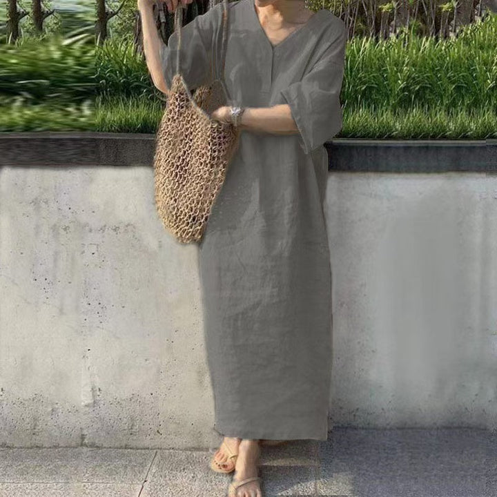 Damen lässiges Leinen-Midikleid mit V-Ausschnitt und weit geschnittenen Ärmeln Drune