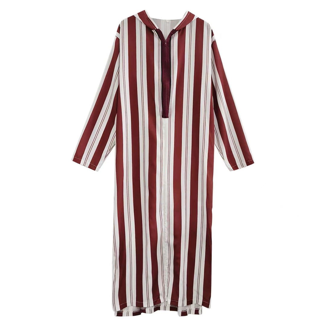 Damen nan langes Kapuzen-Hemdkleid mit frontalem Reißverschluss und senkrechtem Streifenmuster Drune