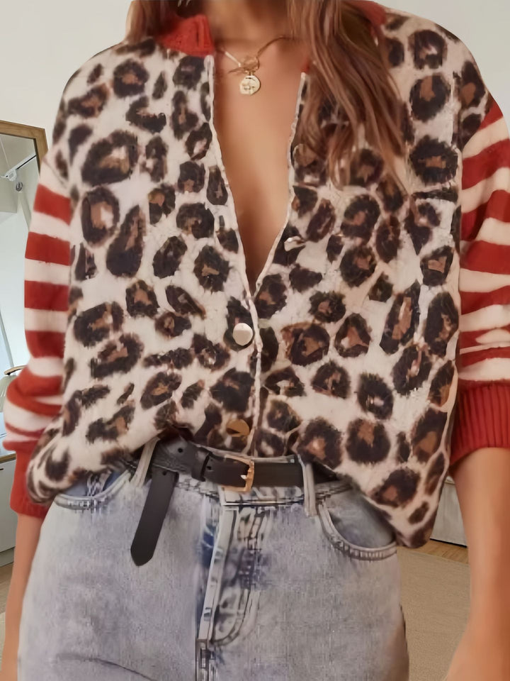 Damen Modische Jacke mit Tiermuster und gestreiften Ärmeln Drune