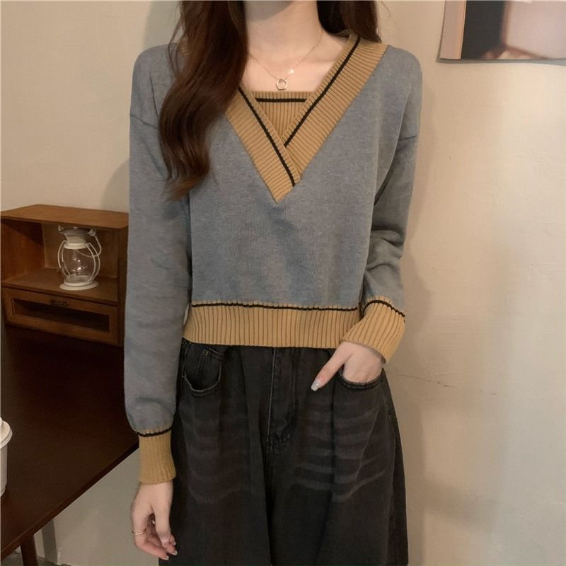 Damen modischer V-Ausschnitt Pullover mit Kontrastdetails Drune