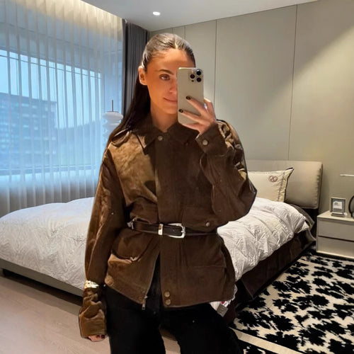 Damen stylische Utility-Jacke mit Gürtel und praktischen Taschen Drune