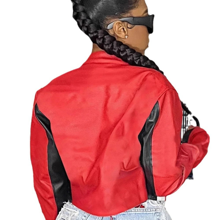 Damen cropped Kunstlederjacke mit kontrastierenden Farbdetails Drune