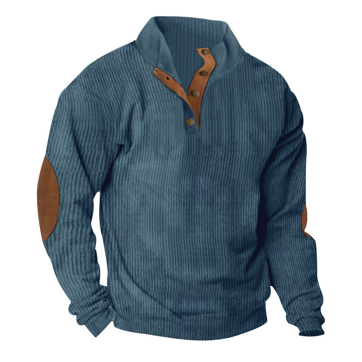 Herren nan gerippter Baumwollmix-Pullover mit Stehkragen, Knopfleiste und Lederoptik-Ellenbogenpatches Drune