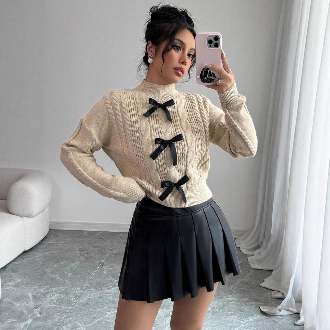 Damen Strickpullover mit dekorativen Schleifenelementen und hochkochgedämpftem Kragen Drune
