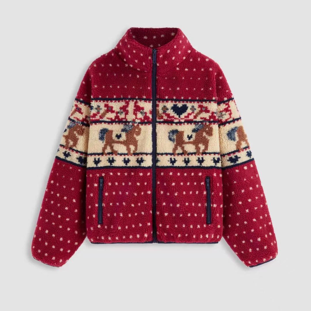 Damen Fleecejacke mit tierischem Muster und hoher Kragen Drune