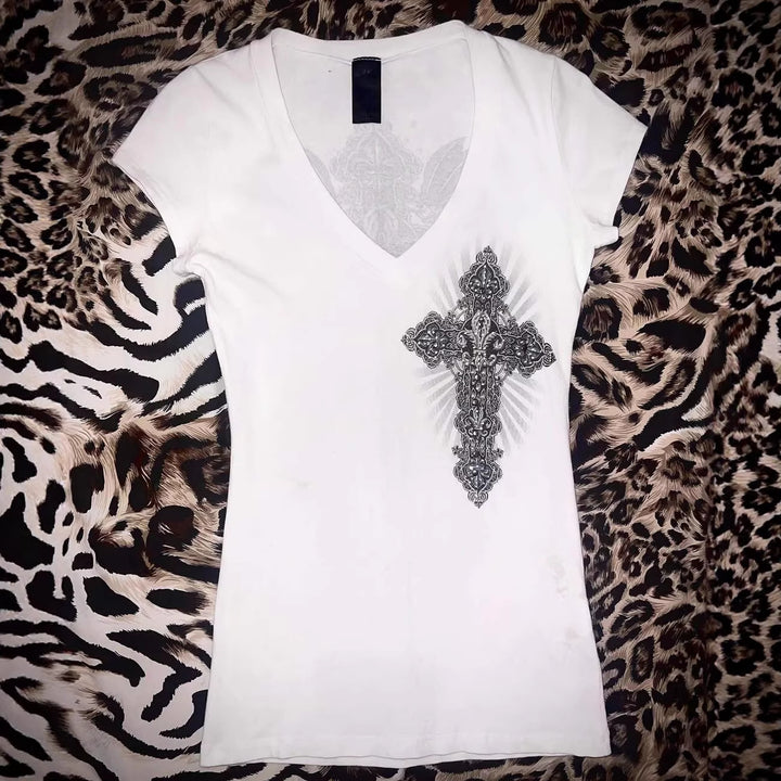 Damen V-Ausschnitt T-Shirt mit kunstvollem Kreuzdesign Drune