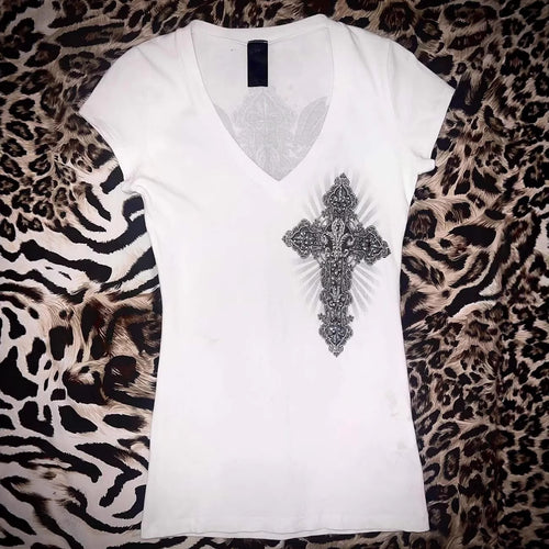 Damen V-Ausschnitt T-Shirt mit kunstvollem Kreuzdesign Drune